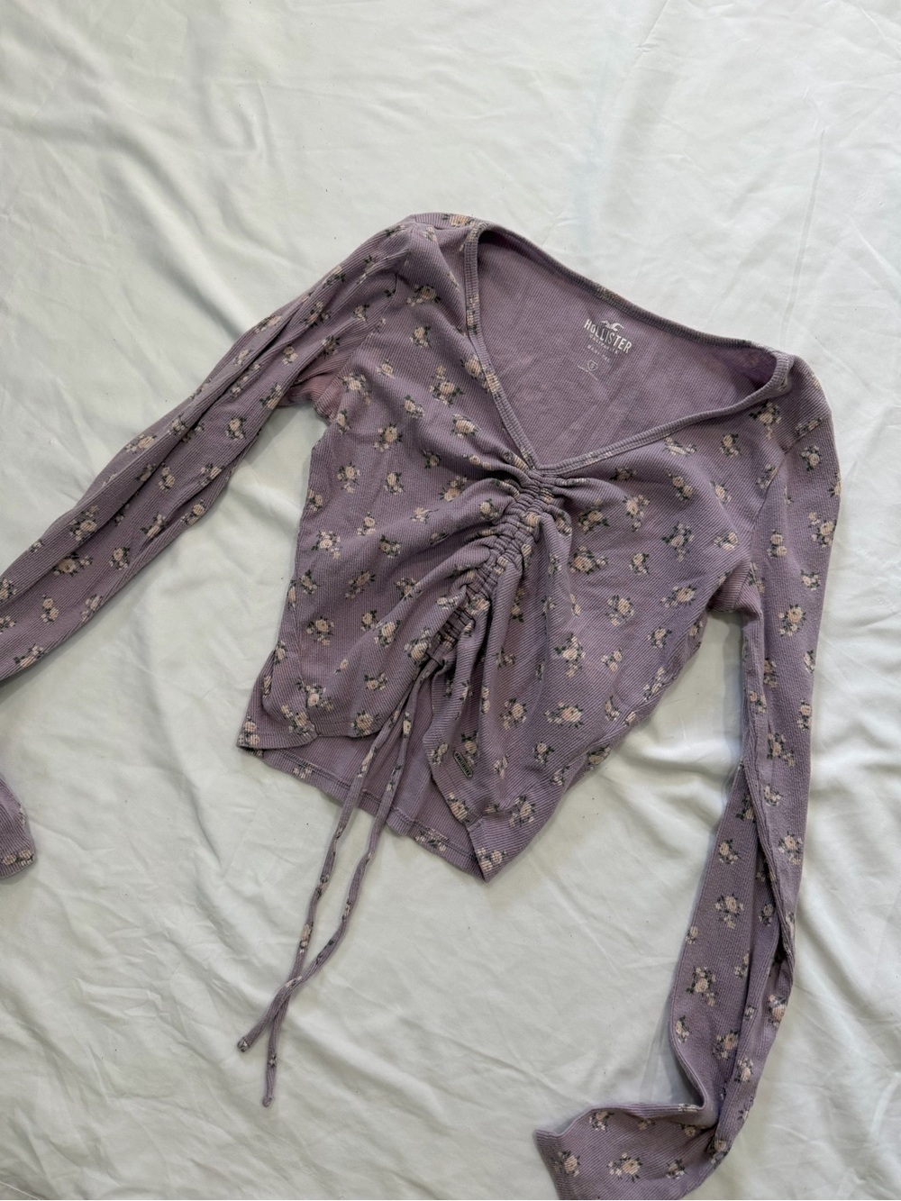 Hollister Lavender Floral Drawstring Ruched Long-Sleeve Top